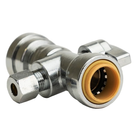 Quickfitting 1/2in Push-Fit x 1/2in Push-Fit x 1/4in OD Comp 3-Way Chrome Plated Brass Stop Valve Tee LF944TR